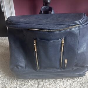 Navy Blue Leather Backpack pink inside